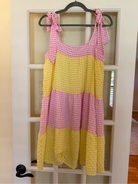 Meet me in Santorini Pink and Yellow Gingham Tie-Shoulder Tiered Dress